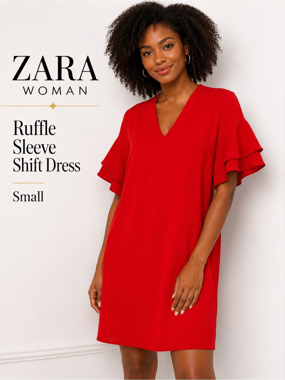 ZARA Woman Red Ruffle Sleeve Shift Dress V-Neck Mini Size Small